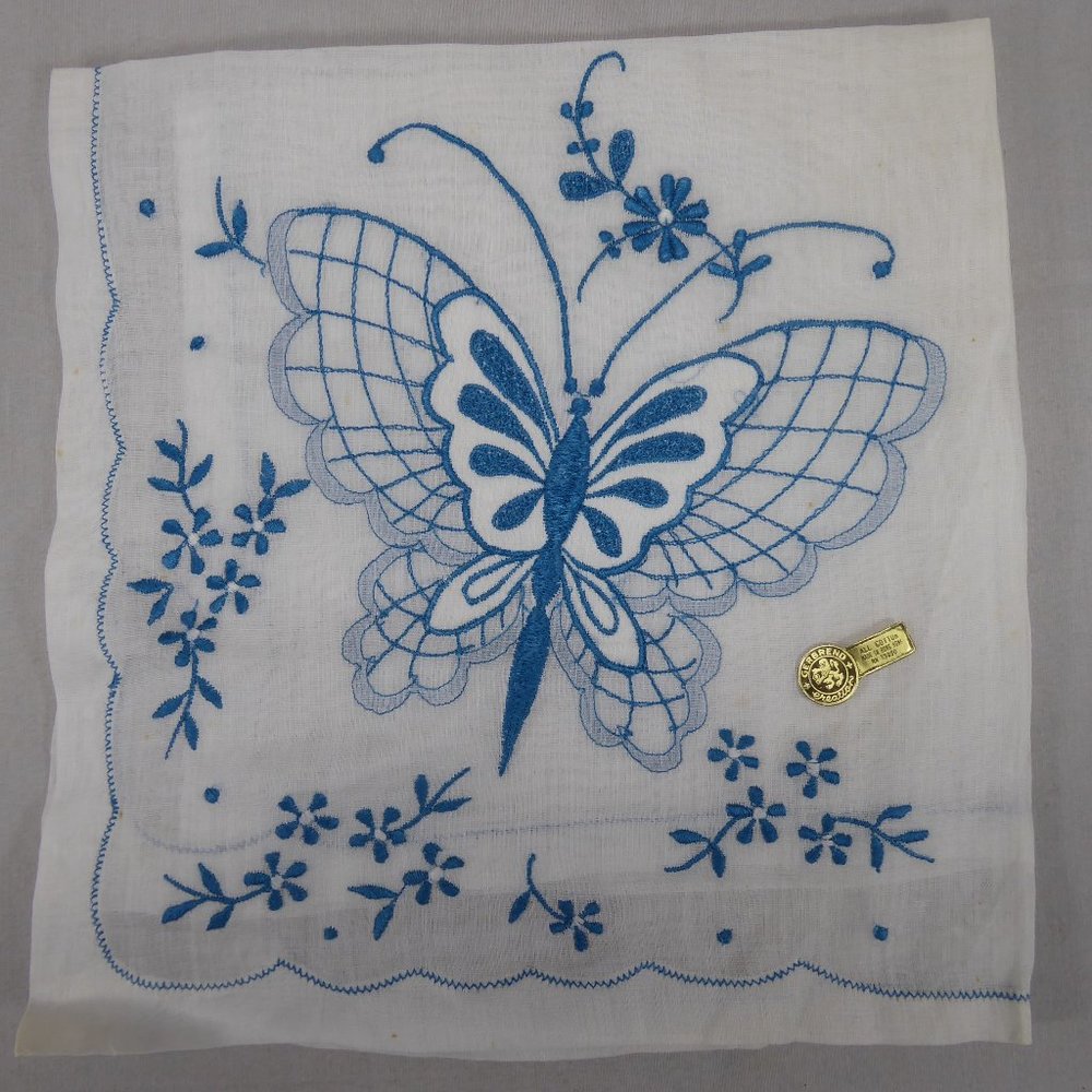 Vintage Embroidered Butterfly Cotton Hankie - Picture 1 of 7